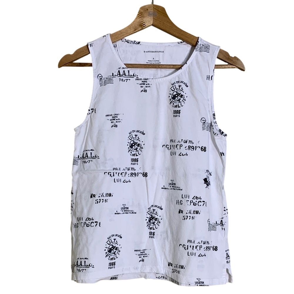 Anthropologie Tank Top White Black Stamp‎ Print Cotton Sleeveless Women Small